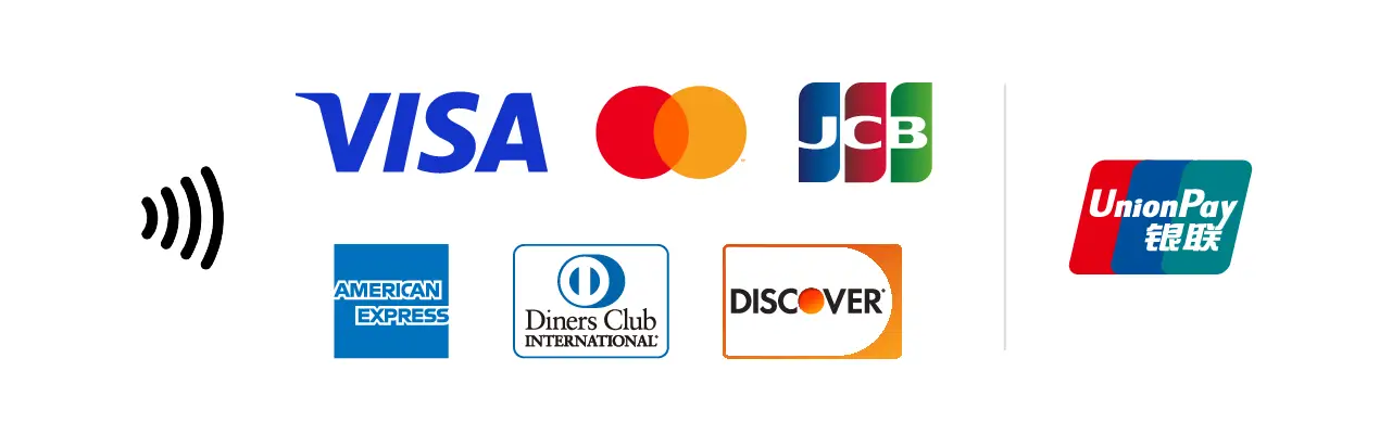 Visa / Mastercard / JCB / American Express / Diners Club / DISCOVER / 銀聯UnionPay(タッチ決済対応)